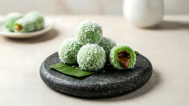 Traditional green pandan klepon cakes served on banana leaf with a cross-section showing palm sugar filling.