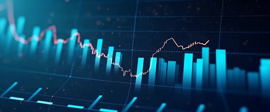 Dynamic financial graph data visualization with a steady camera pan and ambient flickering lights in a cinematic style, highlighting market trends and investment analysis.