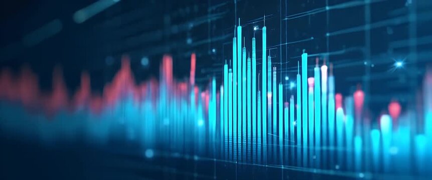 Dynamic financial data visualization with glowing bar graphs in motion, captured through a smooth camera pan in a futuristic, cinematic style; perfect for technology and finance themes.