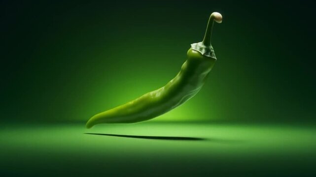 Floating green chili pepper captured in extreme macro detail, illuminated by soft but high intensity studio lights that create sharp highlights and deep contrast, vivid bright backdrop