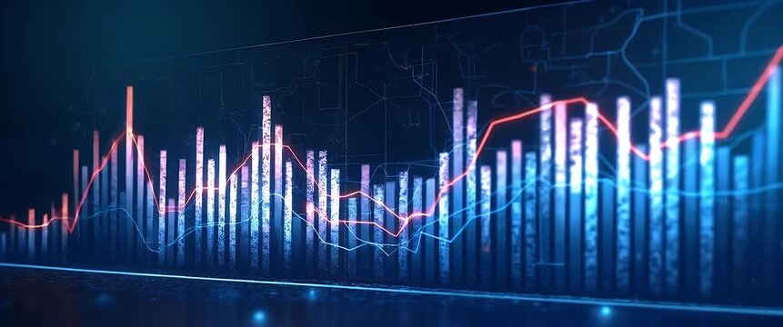 Dynamic financial graph bars rise and fall in a futuristic digital interface, while the camera gently pans across the scene, creating a cinematic view of data analysis and market trends.