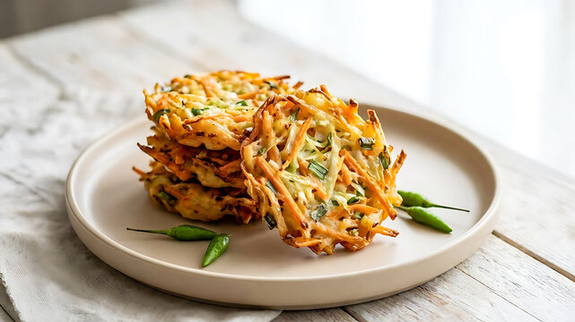 A stack of crispy vegetable fritters made with carrots and cabbage, served with green chilies on a plate. / Tumpukan bakwan sayur renyah dengan wortel dan kol, disajikan dengan cabai hijau di piring.