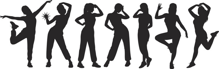 Collection of female dancer silhouettes in stylish dance poses isolated on white background representing music, party energy, performance, movement and modern lifestyle