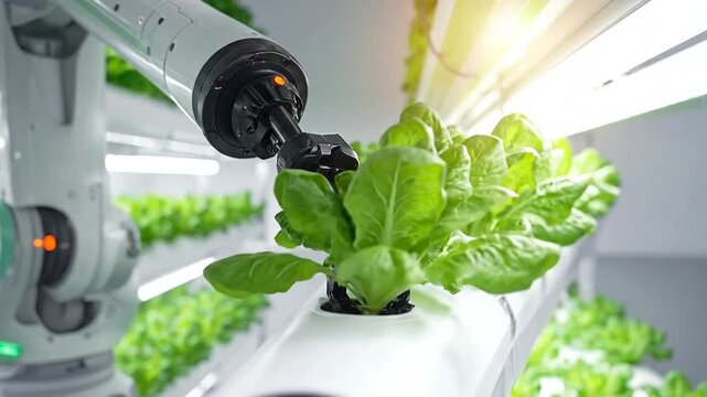Automated robotic arm tending to rows of green leafy vegetables in a vertical farm