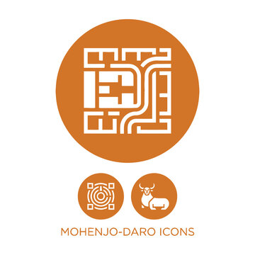 Orange abstract symbol with mohenjo daro icons featuring white geometric patterns and rustic background minimalist art