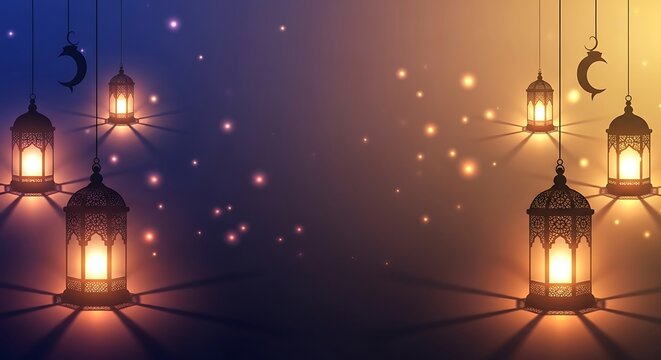 Hanging lanterns with glowing lights and crescent moon in the night sky.