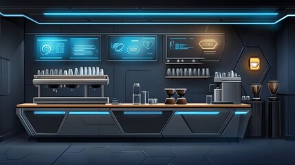 A futuristic coffee bar features sleek technology, glowing displays, and a modern aesthetic