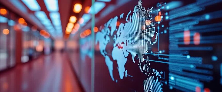 Dynamic digital world map glows as camera slowly pans across futuristic data center, vibrant lights flicker in a cinematic, technology-driven atmosphere, ideal for innovation themes.