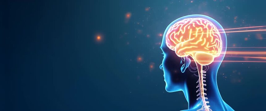 Future-focused animation of a glowing human brain with neural connections pulsating; the camera gently pans while digital particles shimmer, creating a dynamic, cinematic visual exploration.