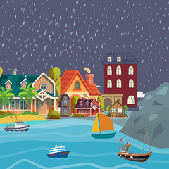Untitled design - 1Rainy Riverside Town Landscape Illustration with Boats and Houses © Abida