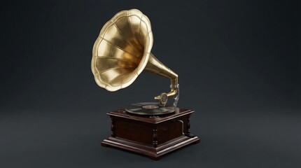 Antique brass gramophone with wooden base and vinyl record on a dark background