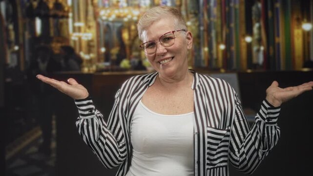 Woman shrugging with palms up and open hands in church interior, smiling and tilting head in front of altar; lighthearted acceptance.
