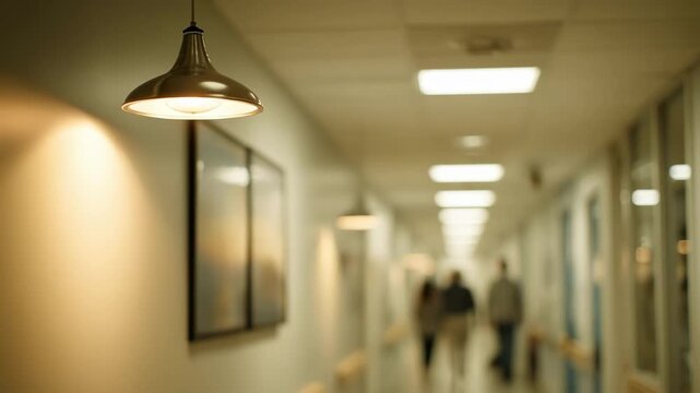 Energyconscious LED lights and motion detectors in a clinic hallway medium shot focusing on fixtures with visitors and corridor details softly faded behind.