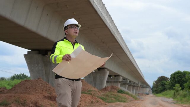 Professional civil engineer using digital tablet to inspect concrete bridge construction site. Infrastructure maintenance, structural engineering assessment and transportation safety development.