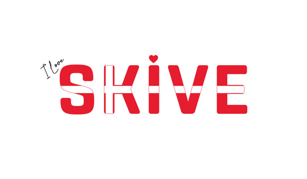 I love Skive, Typographic design of I love Skive on a white background, Flag typography of Skive with heart, Vector design of Skive City of Denmark, I love Denmark, Flag of Denmark