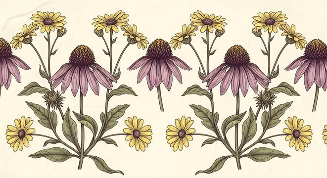 Vintage Botanical Illustration of Echinacea Flowers Border Pattern.