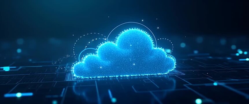 Glowing digital cloud icon pulses gently amid a futuristic network, with a slow camera pan revealing a high-tech, data-driven landscape in a cinematic, tech-inspired style.