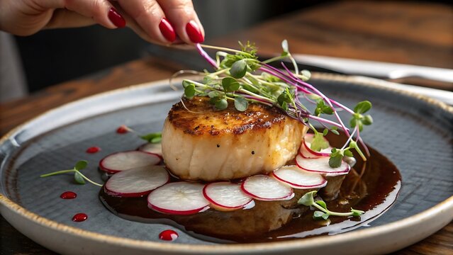 a hand garnishing seared scallop with microgreens radish slices