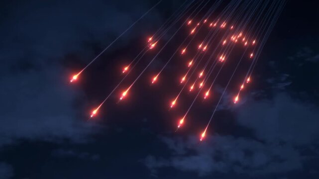 Cluster of missiles firing at night, leaving fiery trails across a dark, cloudy sky.