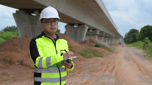 Professional civil engineer using digital tablet to inspect concrete bridge construction site. Infrastructure maintenance, structural engineering assessment and transportation safety development.