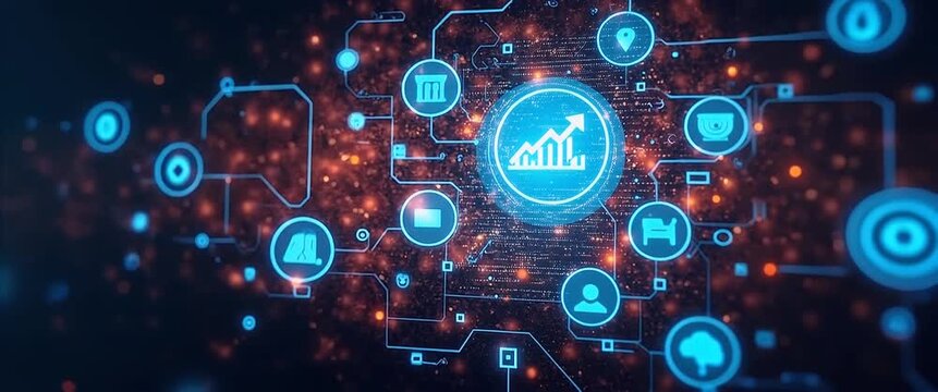 Futuristic digital interface with dynamic data icons gently animates, as the camera slowly pans, in a cinematic, high-tech ambiance, capturing the essence of innovation and business growth.