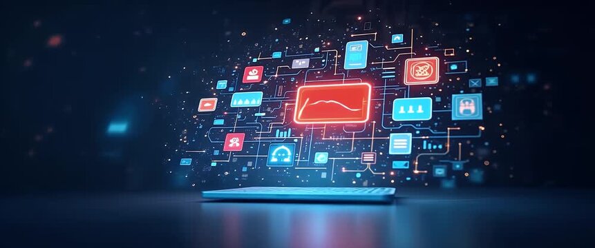 Futuristic digital interface with dynamic data icons gently animates, as the camera slowly pans, in a cinematic, high-tech ambiance, capturing the essence of innovation and business growth.