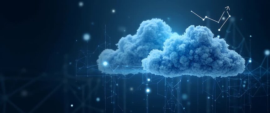 Cinematic cloud computing visualization with data icons floating gently, as the camera slowly pans across a digital sky, showcasing innovation and technology in a futuristic style.