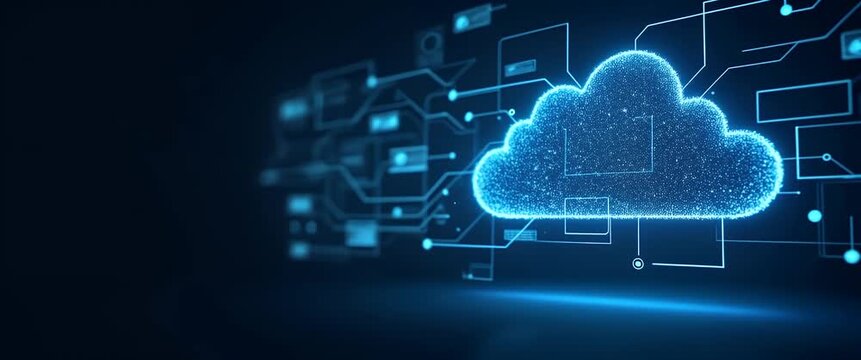 Glowing digital clouds sparkle gently in a futuristic virtual space, with security icons subtly appearing and disappearing, as the camera slowly pans across the scene, creating a cinematic tech ambian
