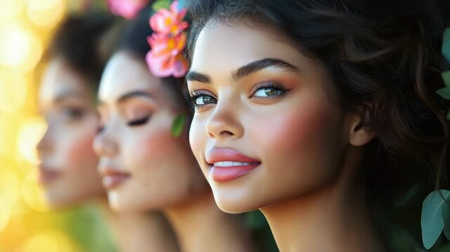 Women pose in nature with flowers in their hair during golden hour for a beautiful outdoor portrait session