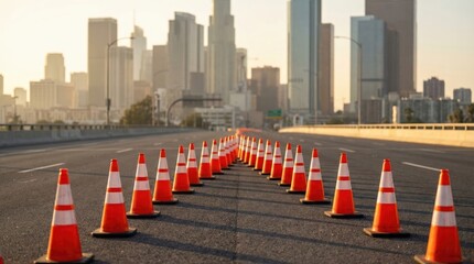 Obraz premium Orange traffic cones line empty urban roadway with skyscrapers in background at sunset in modern cityscape