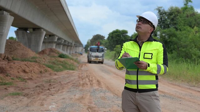 Professional civil engineer using digital tablet to inspect concrete bridge construction site. Infrastructure maintenance, structural engineering assessment and transportation safety development.