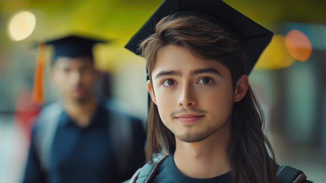 Graduate celebrates achievement in cap and gown at urban location with friends and family around
