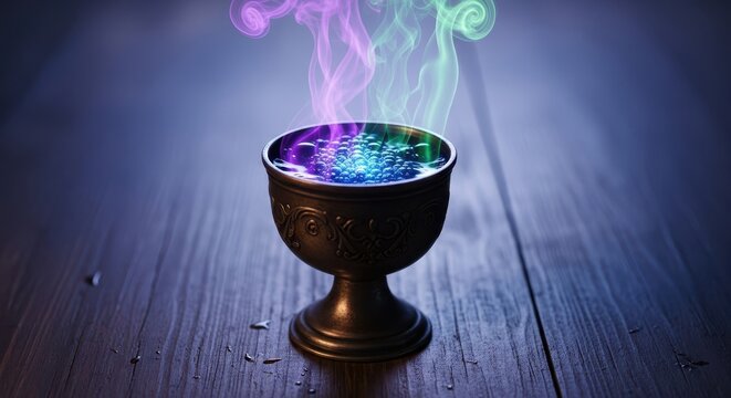 A mysterious, bubbling potion in an antique, metallic cup rests on an ancient wooden table, ready for a magical spell or ritual, occult, cup, mystery