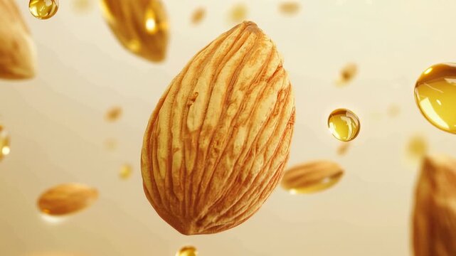 Explore almond oil extraction process with almonds and oil droplets in close view from a creative perspective