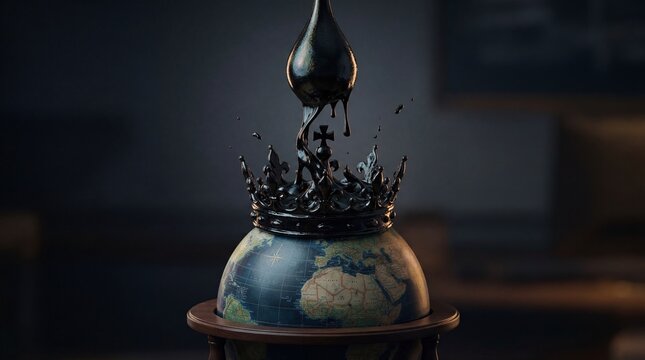 Oil drop crowning the world globe symbolizing power and economy