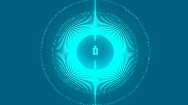 Digital padlock icon expanding with glowing radial lines on a blue background - security concept