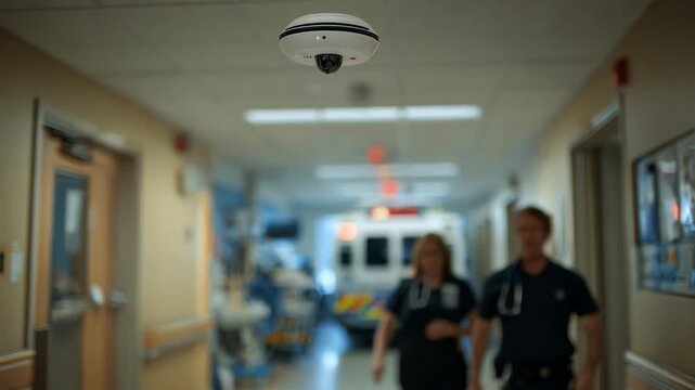 Focused medium angle of ceiling sensor array monitoring patient traffic in emergency room with outoffocus medical staff and equipment behind.