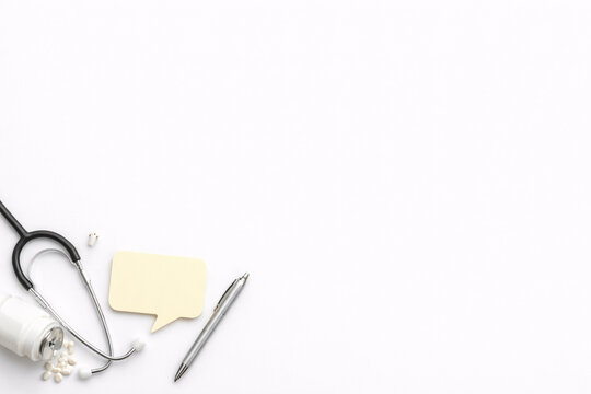 Minimal healthcare flat lay with consultation note and copy space on white background
