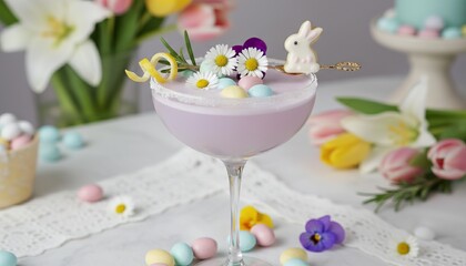 Pastel easter cocktail with bunny cookie and flowers