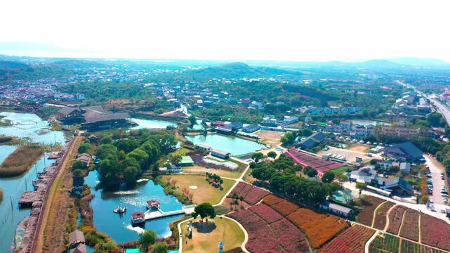 Aerial Rural Landscape with Colorful Flower Fields and Waterways