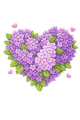 Fototapeta premium Heart shape made of purple flowers and green leaves, romantic floral heart illustration with small pink hearts, decorative botanical artwork for love and Valentine theme