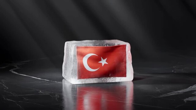 Turkish flag frozen inside a block of ice on a reflective dark marble surface, symbolic representation of national freeze or preservation