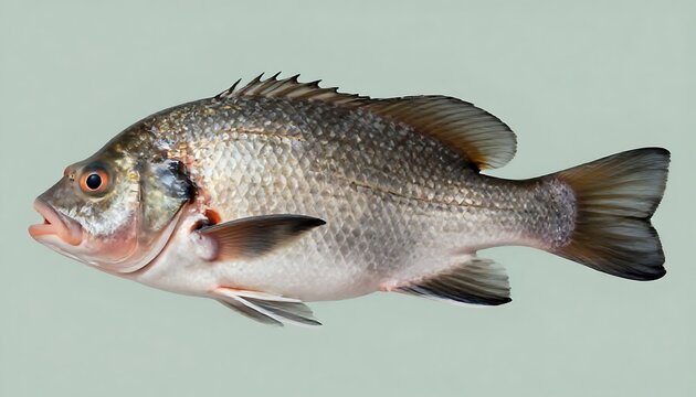 A solitary Black Sea Bream fish with intricate scales and a determined expression, suspended against a muted teal background. Excellent for seafood marketing and culinary uses.