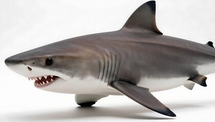 Fototapeta premium Close-up of a Great White Shark's head, showing its sharp teeth and powerful jaws, against a clean white backdrop. Perfect for themes of danger, nature, and ocean predators.