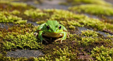 Obraz premium Green frog resting on moss-covered stone, sunlight illuminating its smooth skin