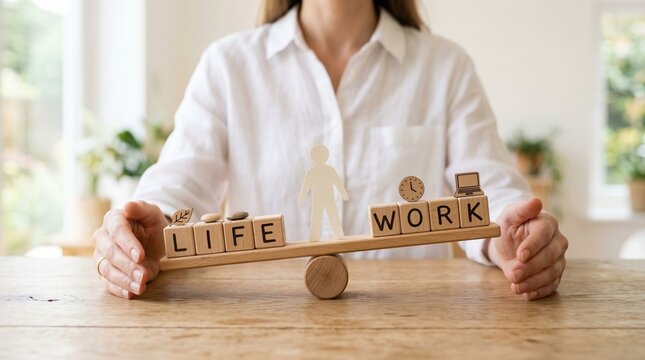 Wooden blocks spelling life work balanced on seesaw with paper figure between them, natural light bright airy home office scene conveying work life balance and calm focus