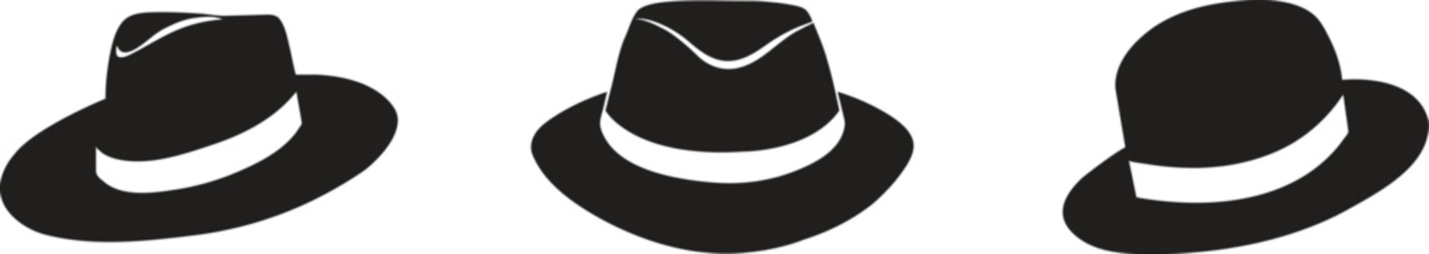 Vintage Fedora and Bowler Hat Icon Set Isolated on White Background