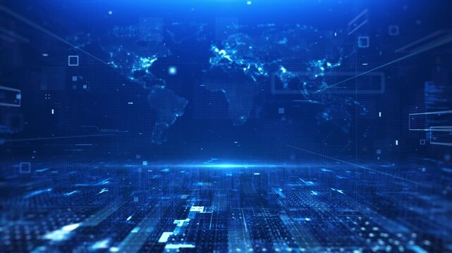 Technology world map grid lines, blue technology map and holographic city architecture, future digital big data background, technological grid line elements, blue technology news background.