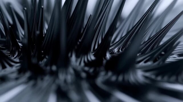 Ferrofluid spikes growing and retracting, magnetic liquid art, black spiky formations on white background, abstract science