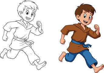 Cartoon boy running character with medieval costume, color and outline versions, playful child action vector illustration isolated design
